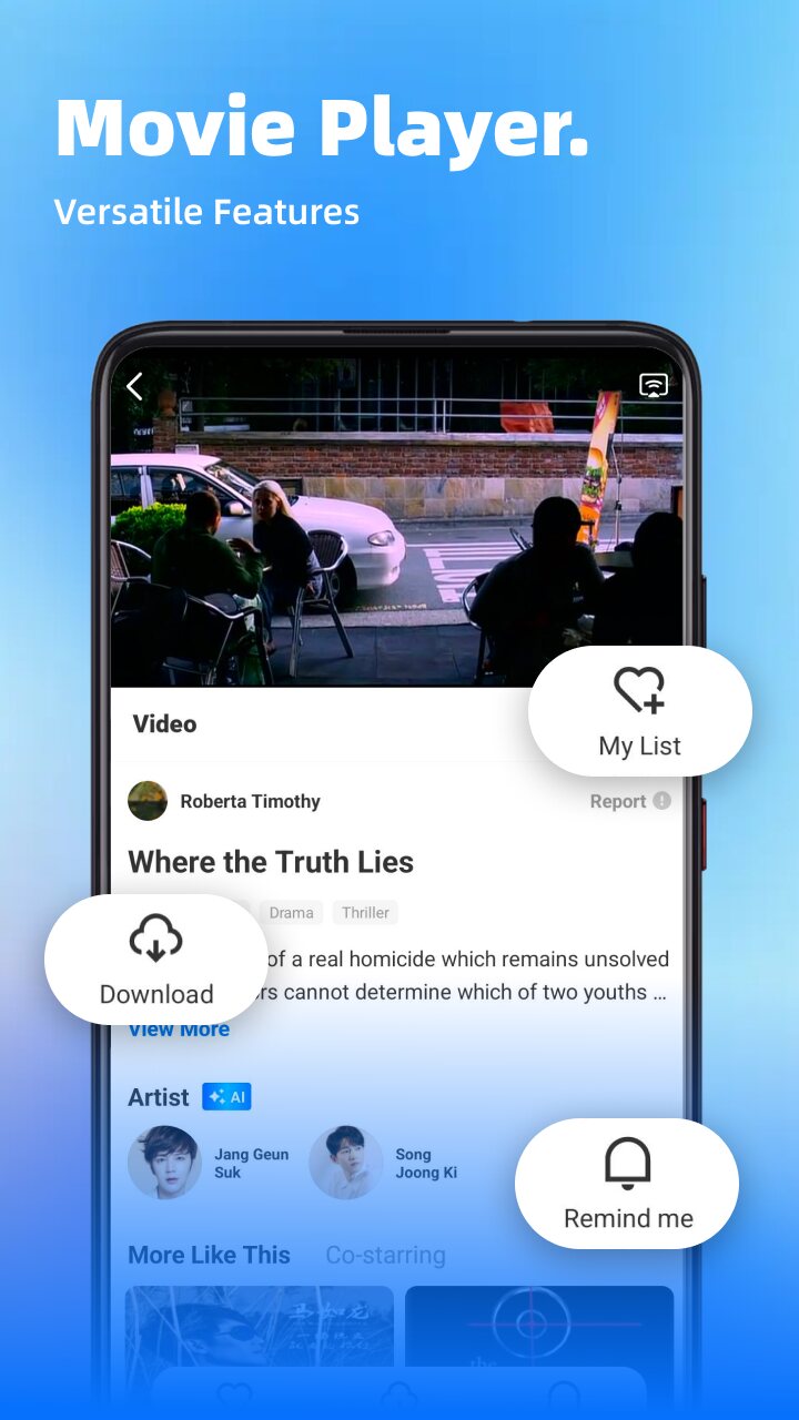 MovieBox movie player with My List, Download and Remind me